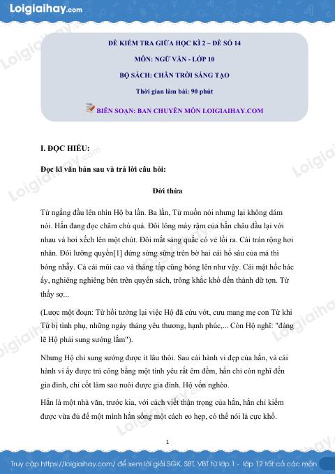 Đề thi giữa kì 2 Văn 10 Chân trời sáng tạo - Đề số 14